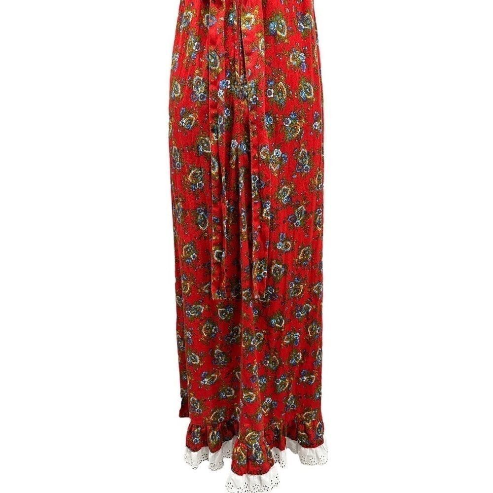 Vintage 1970s Handmade Floral Lace Prairie Maxi Dress Red Ruffle Sleeve Sz S - Picture 9 of 13